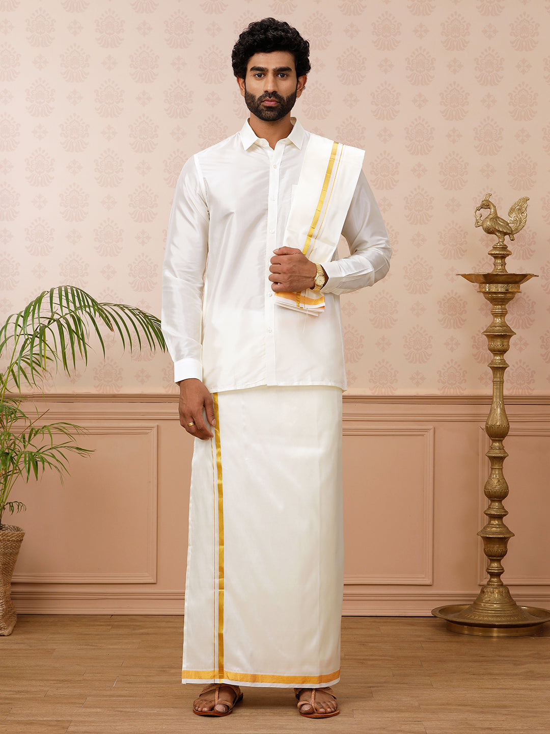 Men Pure Silk Cream 1/2" inch Jari Dhoti Shirting & Towel Set Rajahamsa