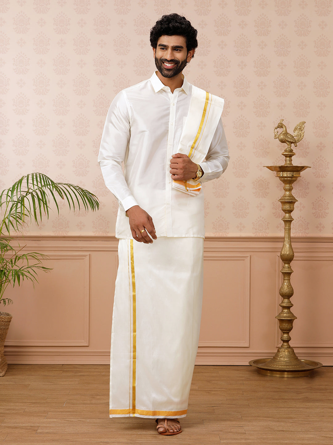 Men Pure Silk Cream with 3/4" inch Gold Jari Border Dhoti Shirt & Towel Set Thirukalyan