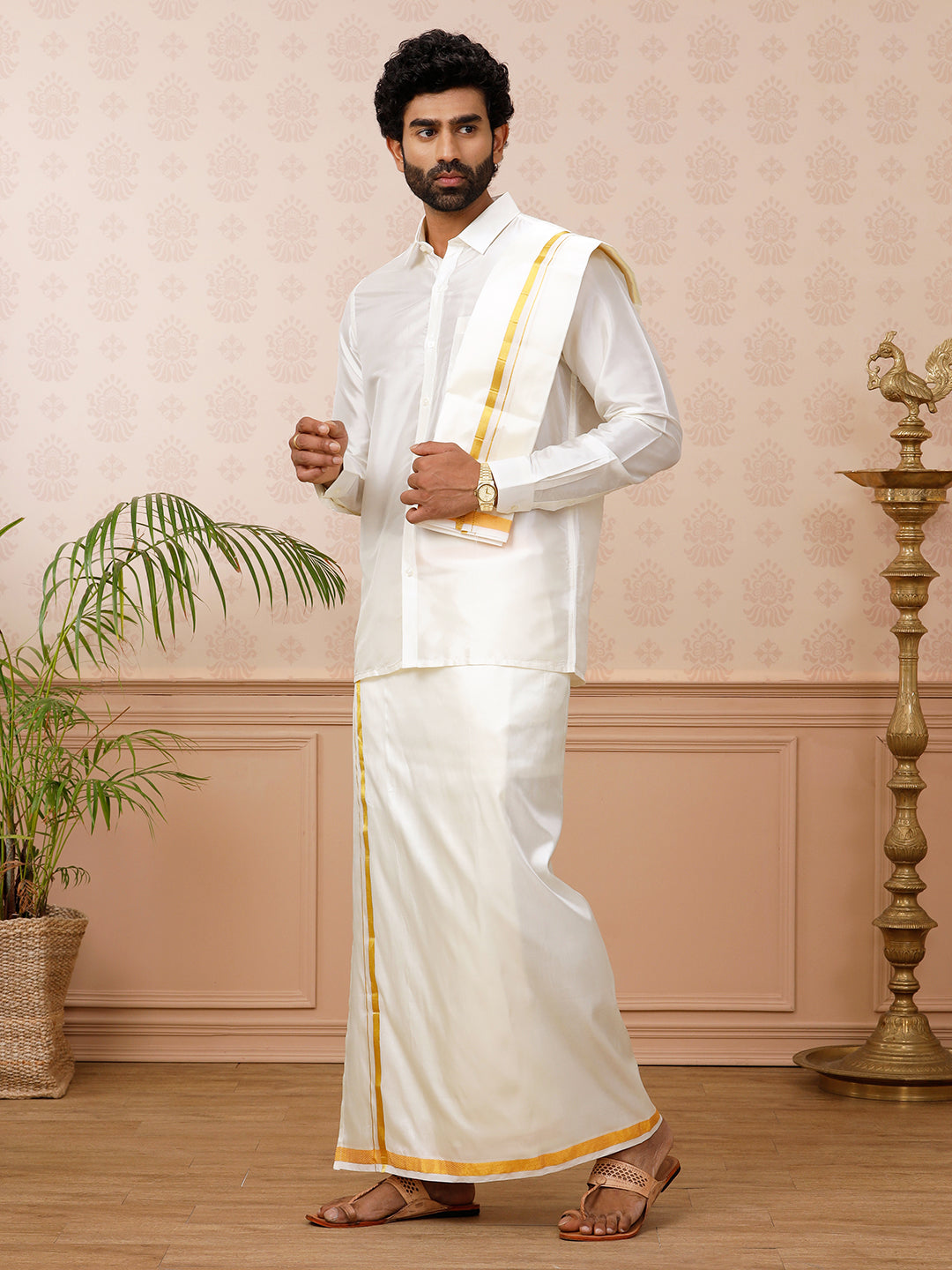 Men Pure Silk Cream 3/4" inch Jari Border Dhoti Shirt & Towel Set Thirukalyan