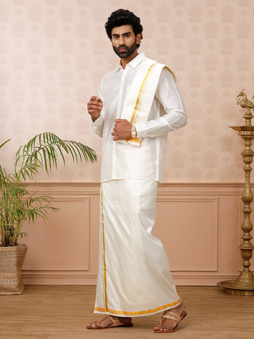 Men Pure Silk Cream 1/2" inch Jari Dhoti Shirting & Towel Set Rajahamsa