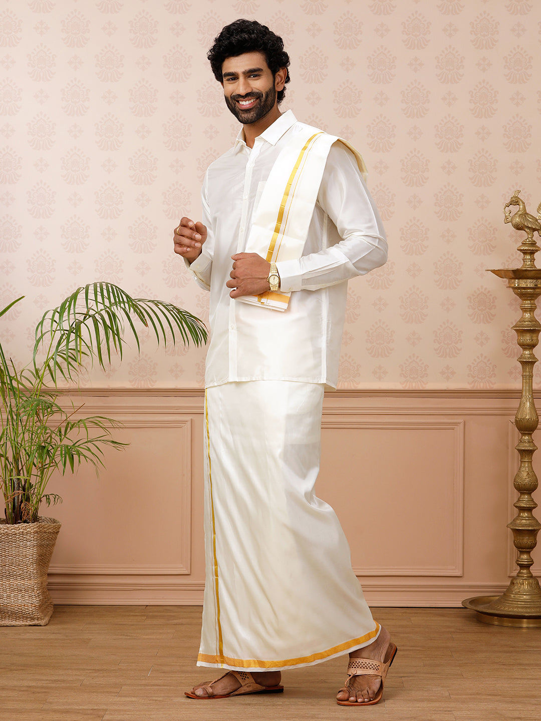 Men Pure Silk Cream with 3/4" inch Jari Border Dhoti Shirting & Towel Set Rajahamsa