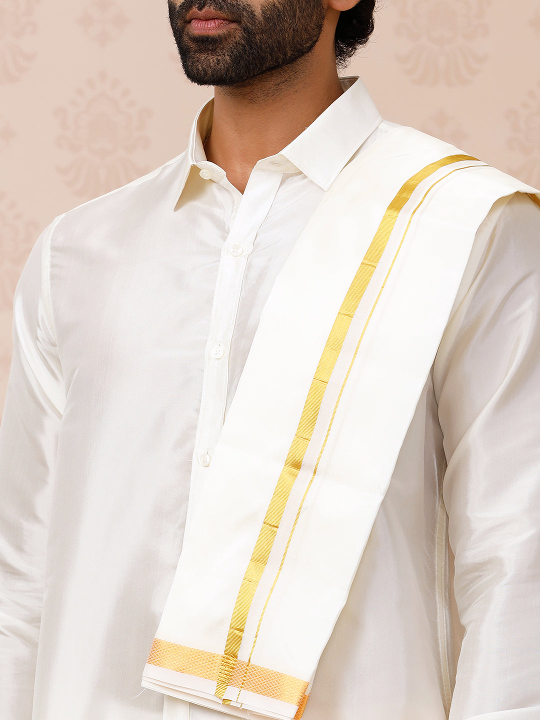 Men Pure Silk Cream with 3/4" inch Jari Border Dhoti Shirting & Towel Set Rajahamsa