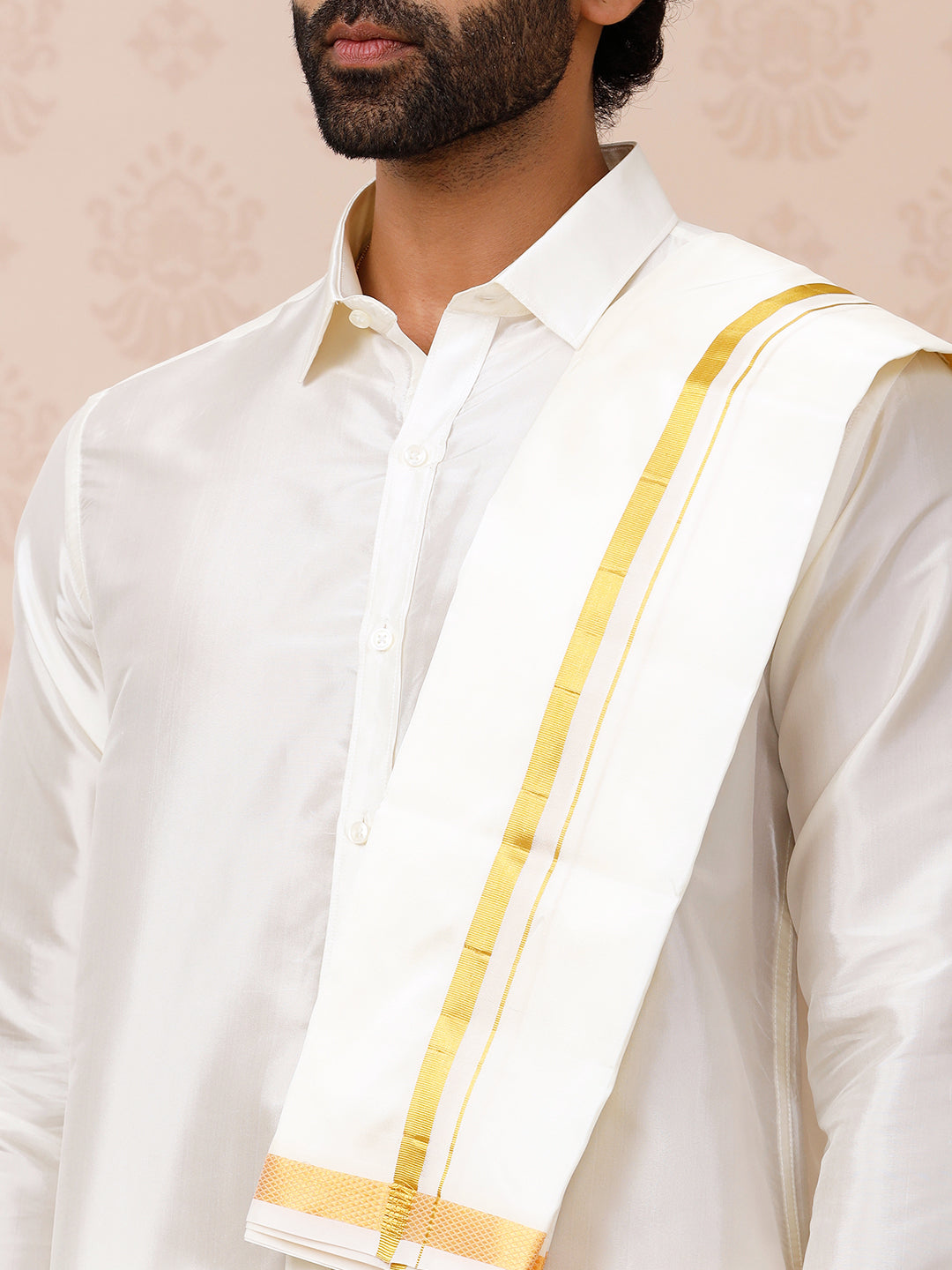 Men Pure Silk Cream with 3/4" Inch Gold Jari Border Readymade Dhoti & Towel Set 40K Genxt