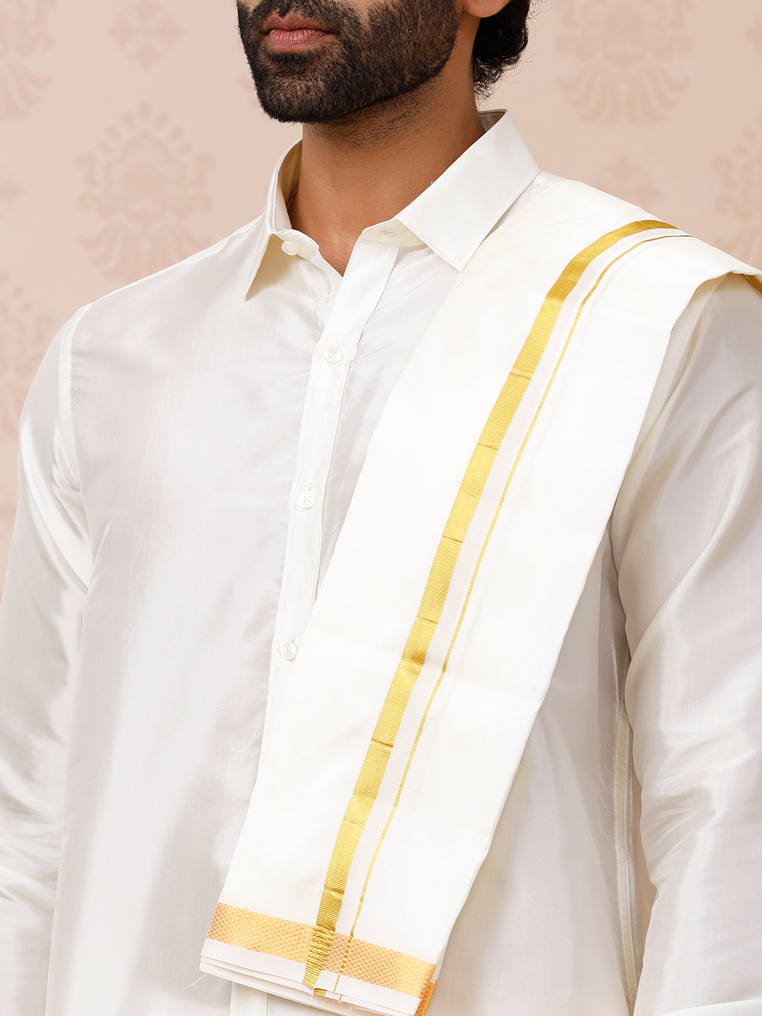 Men Pure Silk Cream 3/4" inch Jari Dhoti Shirt & Towel Set