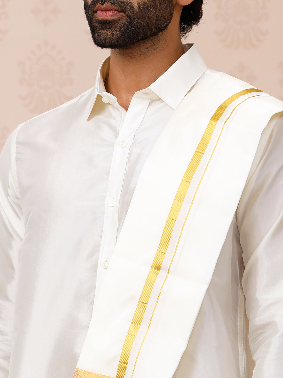 Men Pure Silk Cream with 1/2" inch Jari Border Dhoti Shirting & Towel Set Rajahamsa