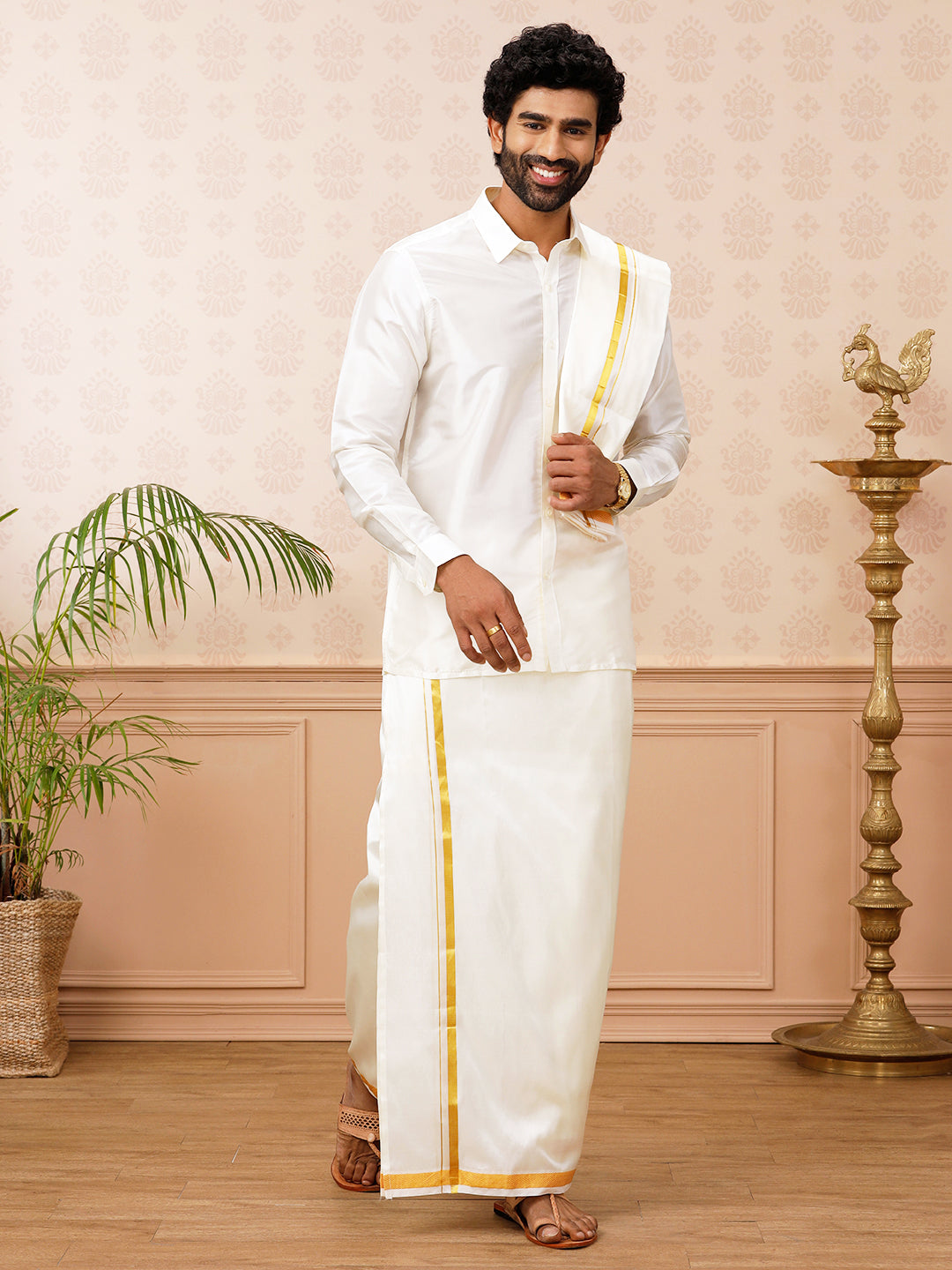 Men Silk Cream 3/4" inch Jari Border Dhoti Shirt & Towel Set Subha Vaibhavaa