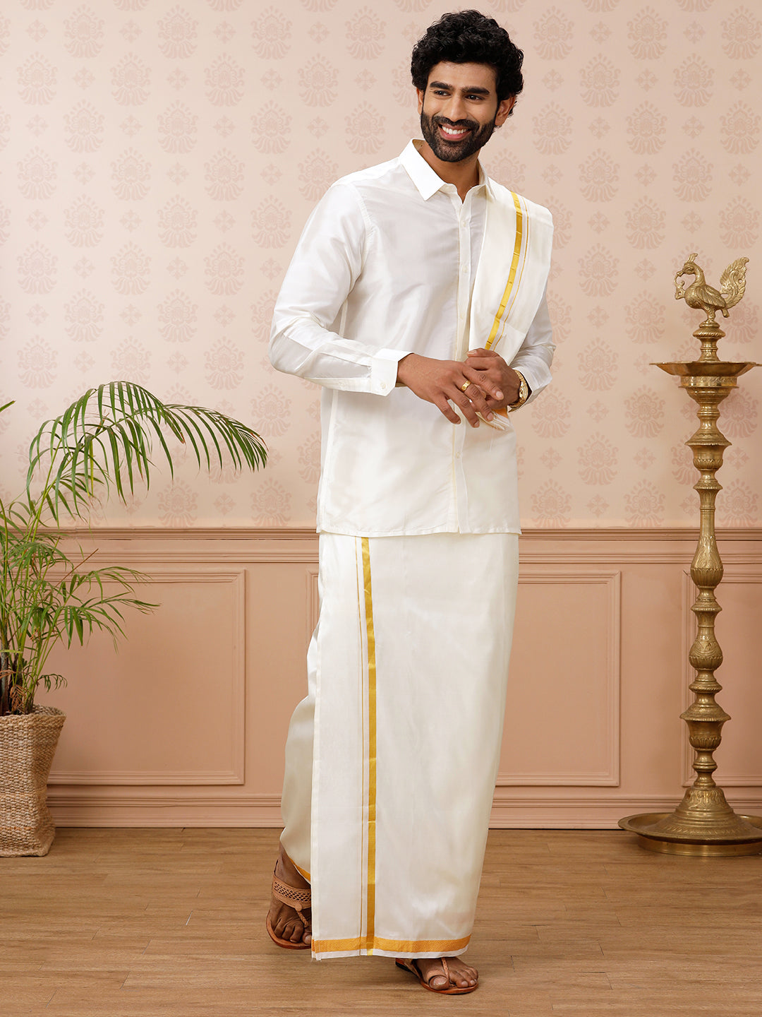 Men Pure Silk Cream 3/4" inch Jari Dhoti Shirting & Towel Set Rajahamsa