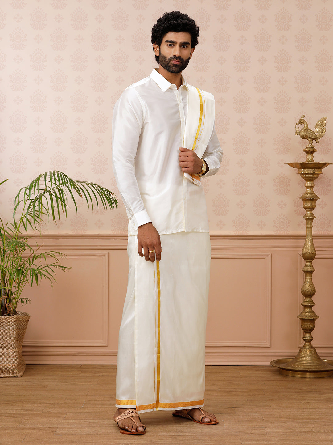 Men Pure Silk Cream with 3/4" inch Jari Border Dhoti Shirt & Towel Set