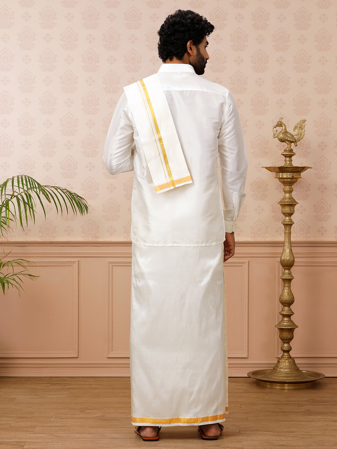 Men Pure Silk Cream 1/2" inch Jari Dhoti Shirt & Towel Set