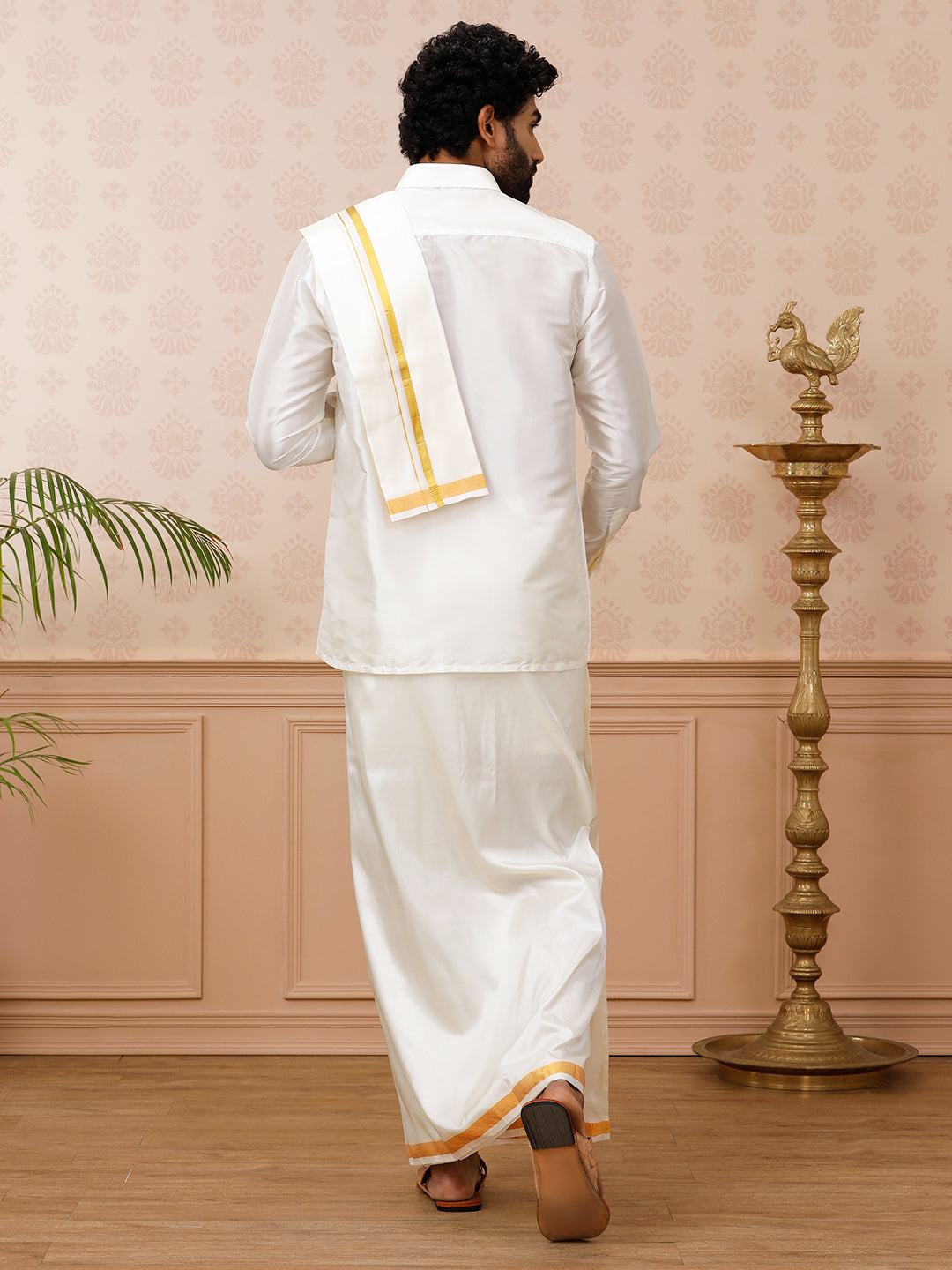 Men Pure Silk Cream with 3/4" inch Jari Border Dhoti Shirting & Towel Set Rajahamsa