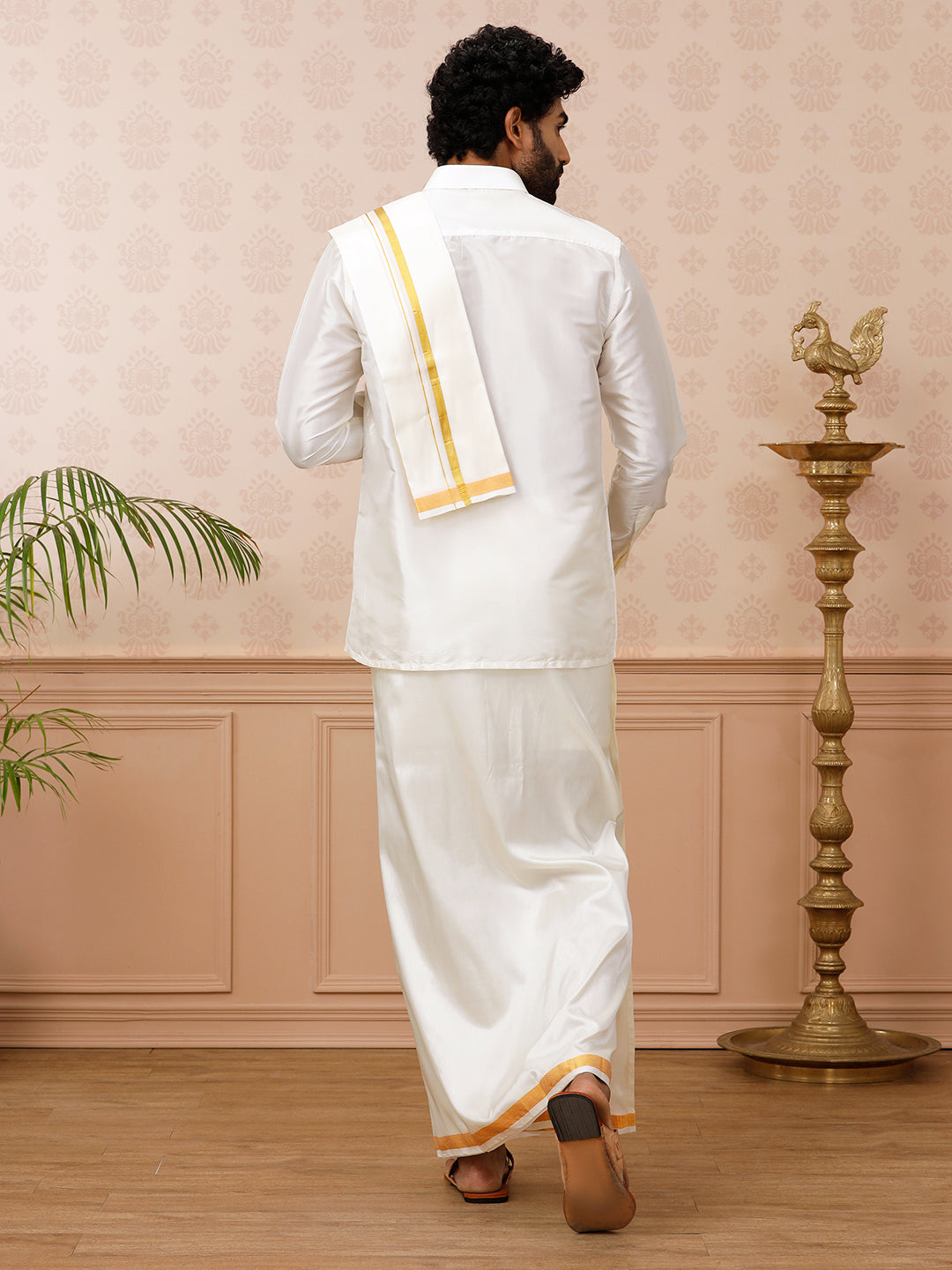 Men Pure Silk Cream with 3/4" Inch Gold Jari Border Readymade Dhoti & Towel Set 40K Genxt