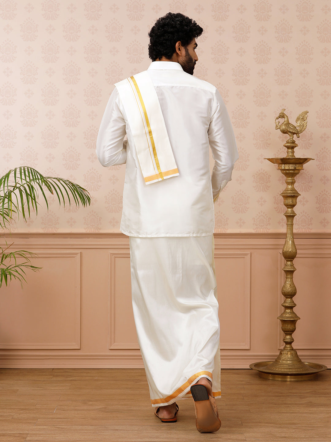 Men Pure Silk Cream 3/4" inch Jari Dhoti Shirt & Towel Set