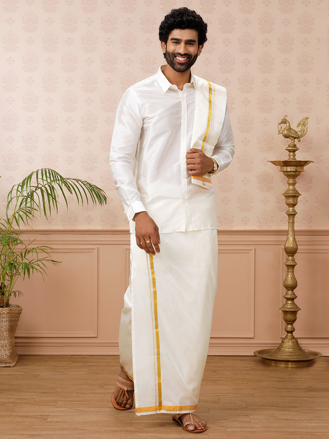 Men Pure Silk Cream with 3/4" inch Towel Rajahamsa