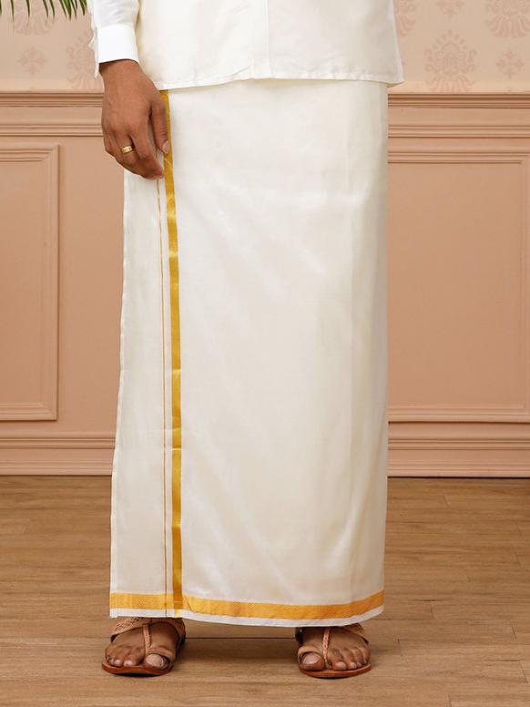 Men Pure Silk Cream 1/2" inch Jari Dhoti & Shirting Purna Mithra