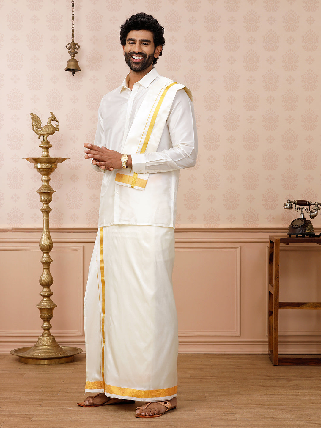 Men Pure Silk Cream 1 1/2" inch Jari Dhoti Shirt & Towel Set