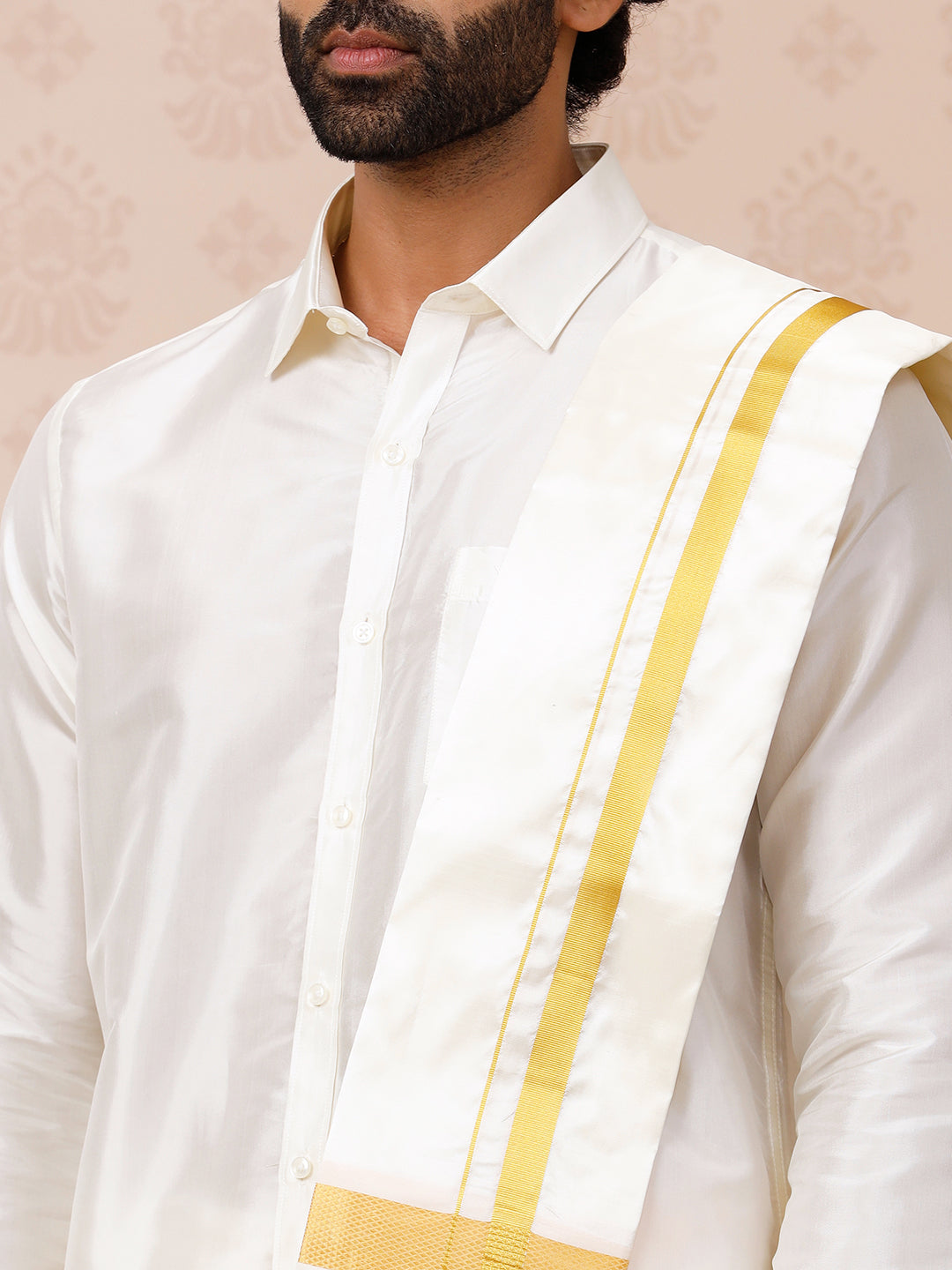 Men Pure Silk Cream with 1 1/2" inch Jari Border Dhoti Shirt & Towel Set