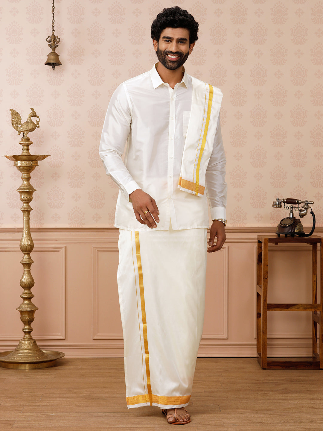 Men Pure Silk Cream 1 1/2" inch Jari Dhoti Shirt & Towel Set