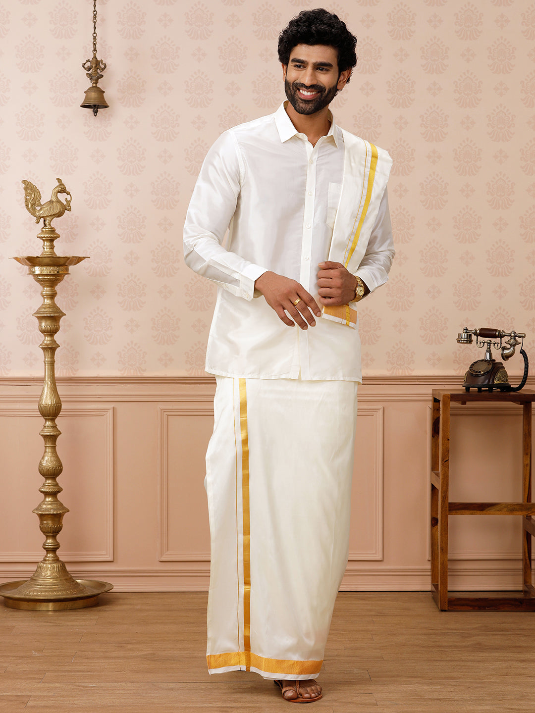 Men Pure Silk Cream with 1 1/2" inch Jari Border Dhoti Shirt & Towel Set