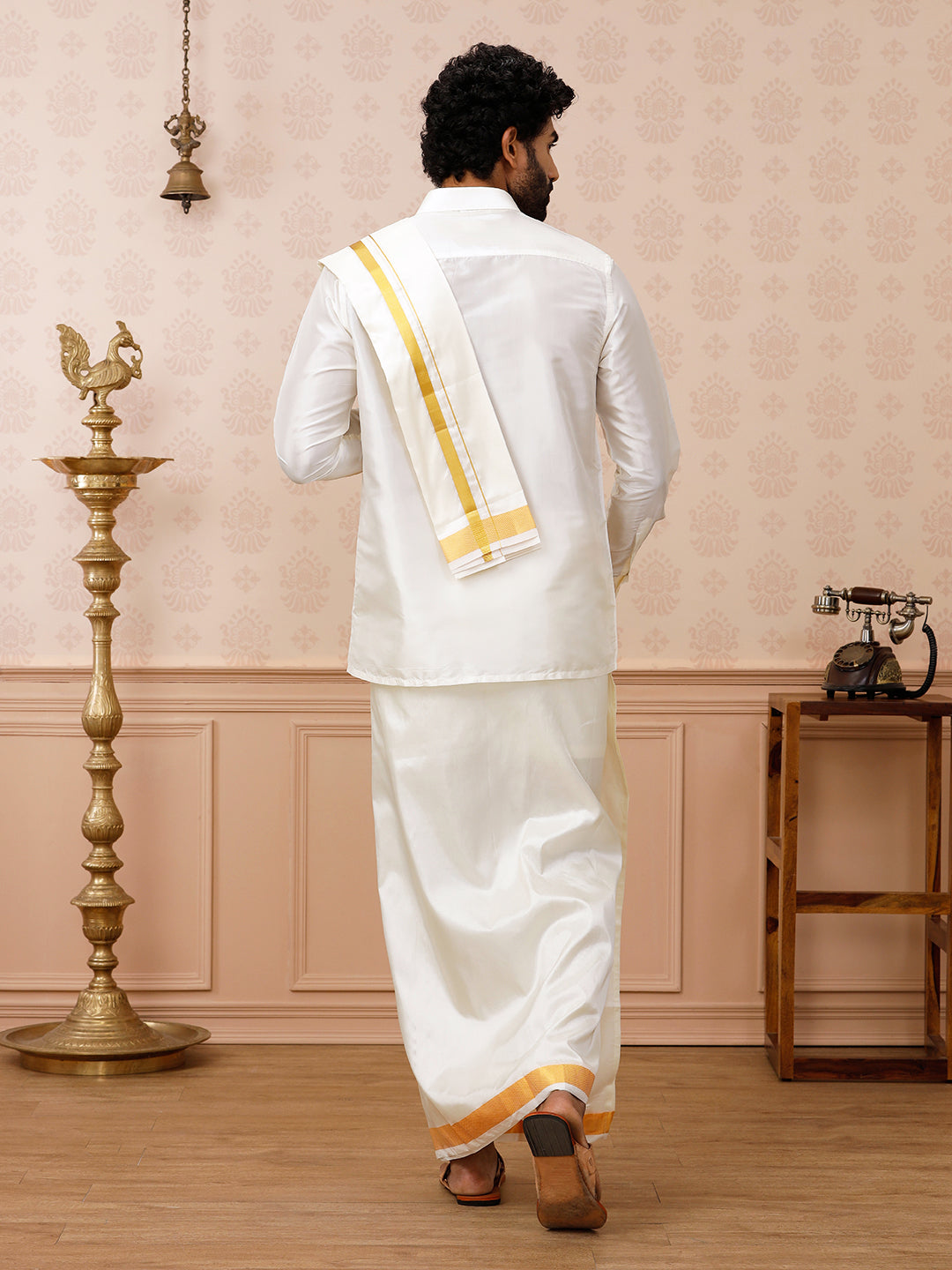 Men Pure Silk Cream 1 1/2" inch Jari Dhoti Shirt & Towel Set