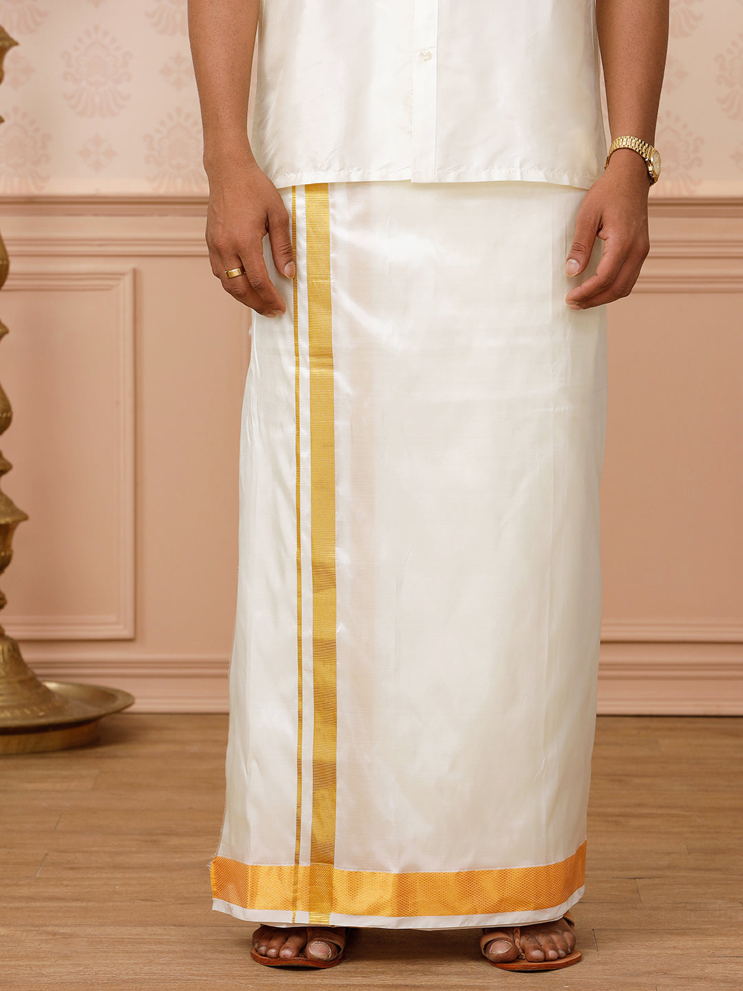 Men Pure Silk Cream Double Layer Dhoti  2 1/2" inch Jari Border Upasana