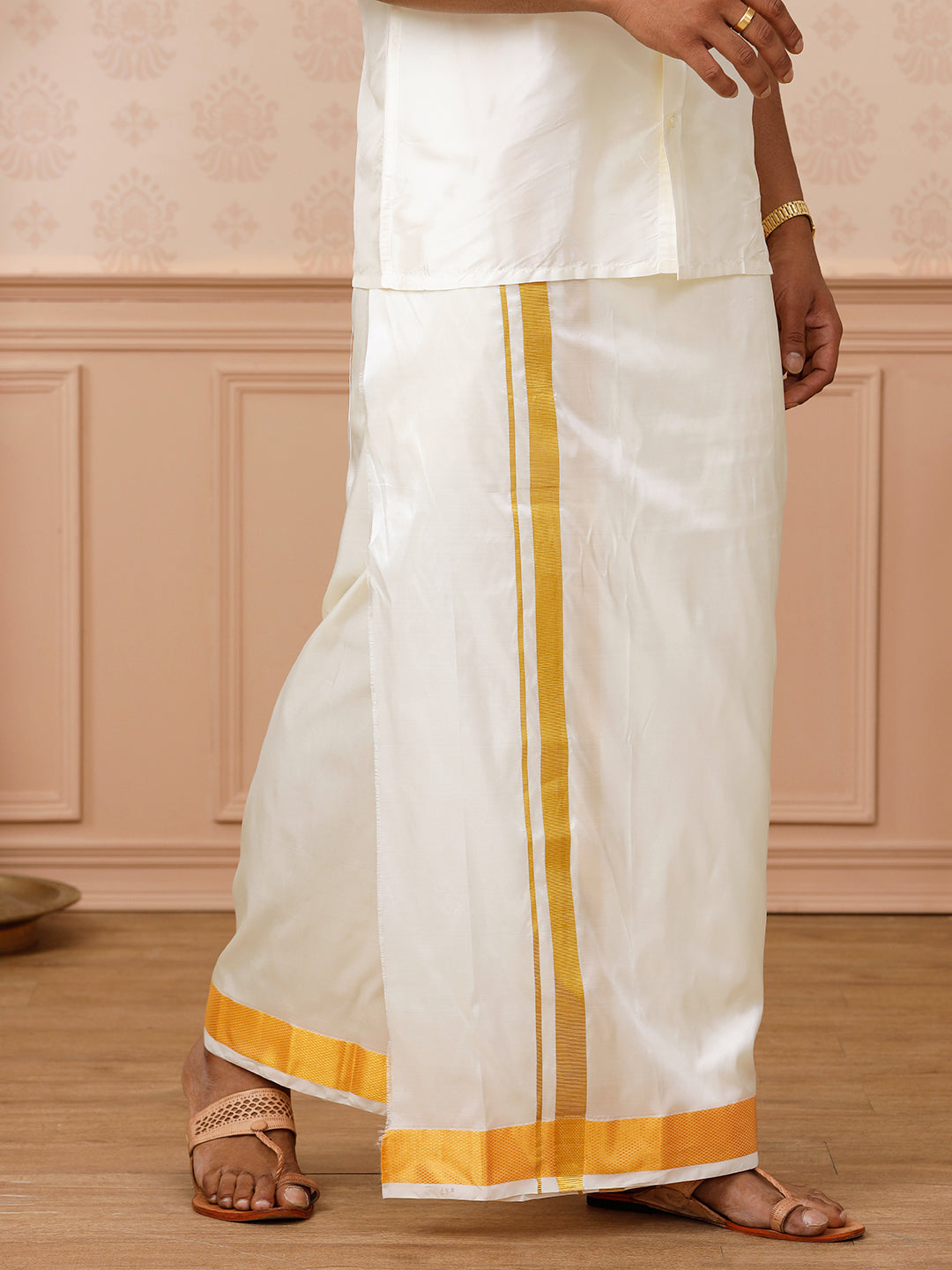 Men Pure Silk Cream Double Layer Dhoti  2" inch Jari Border Upasana