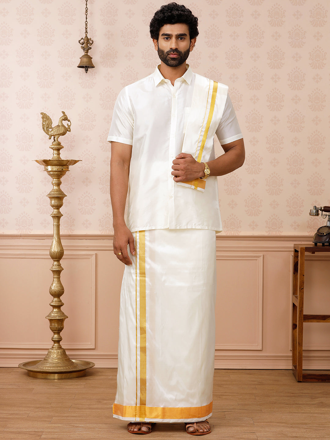 Men Pure Silk Cream with 2" inch Jari Border Dhoti & Towel Set