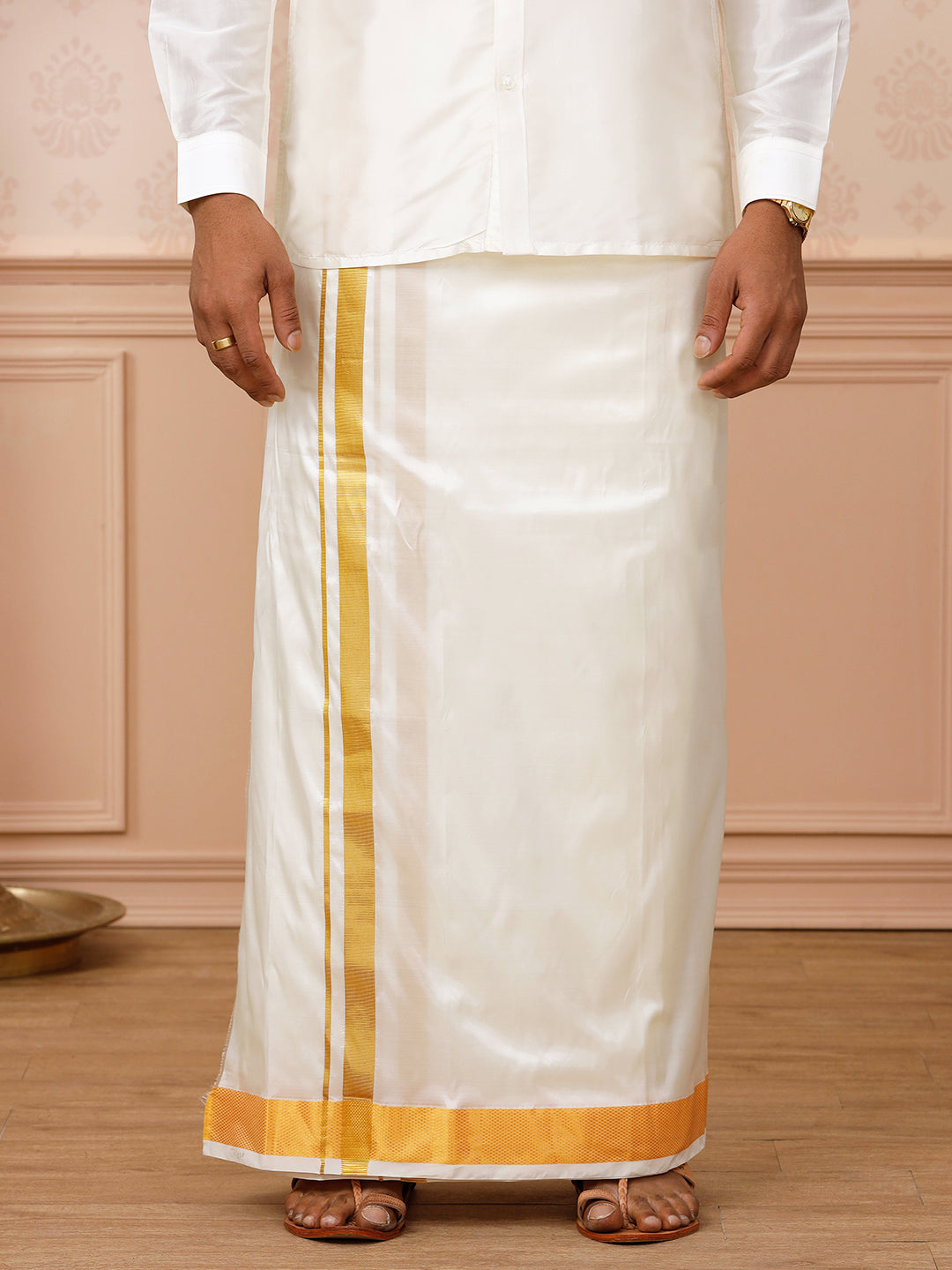 Men Pure Silk Cream Double Dhoti 3" inch Jari Border Upasana