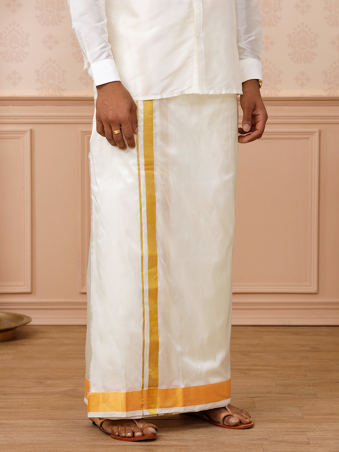 Men Pure Silk Cream Double Dhoti 3" inch Jari Border Upasana