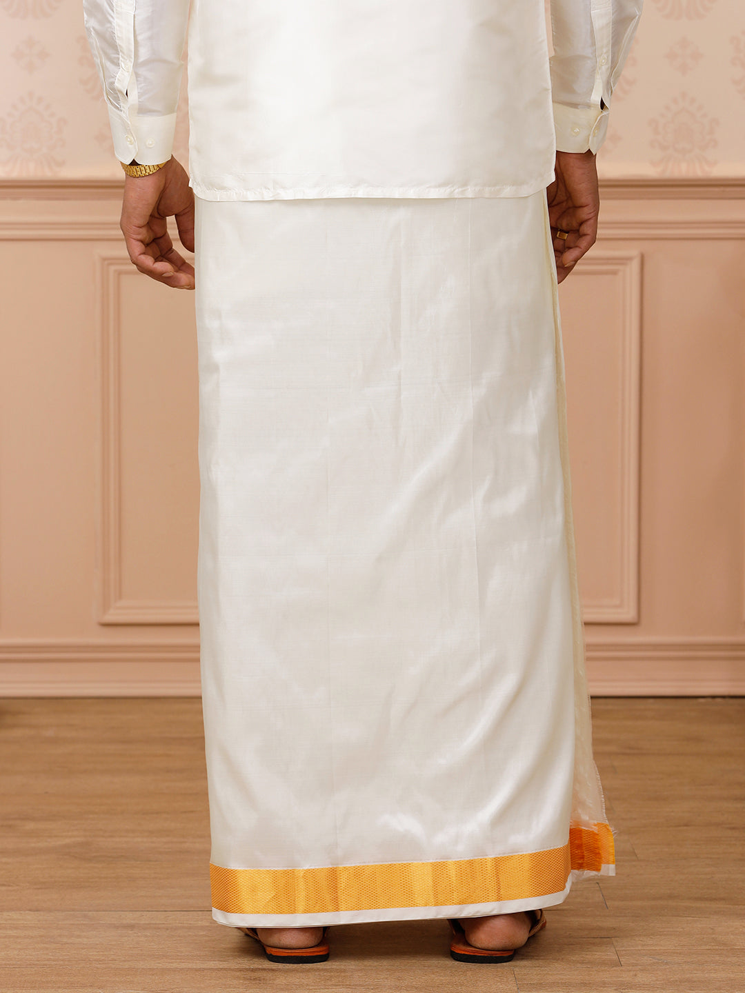 Men Pure Silk Cream Double Dhoti 3" inch Jari Border Upasana