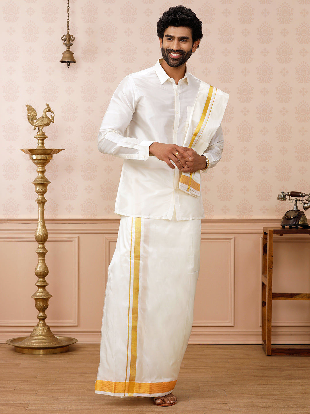 Men Pure Silk Cream Double Dhoti 3" inch Jari Border Upasana