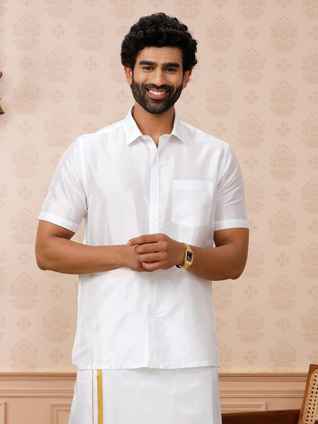 Men Pure Silk White Shirt Half Sleeves Silk Mark