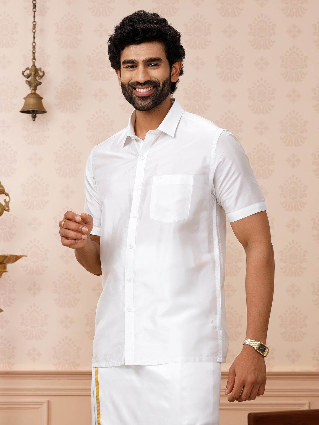 Men Pure Silk White Shirt Half Sleeves Silk Mark