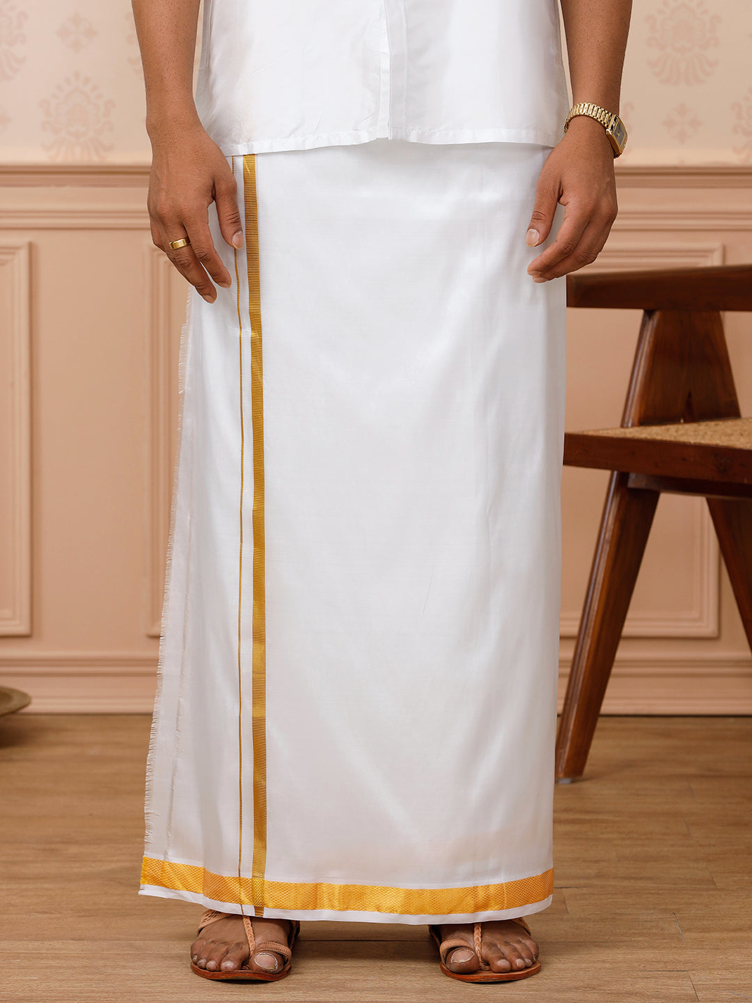 Men Pure Silk Double Layer White Dhoti with Gold Jari Border Upasana