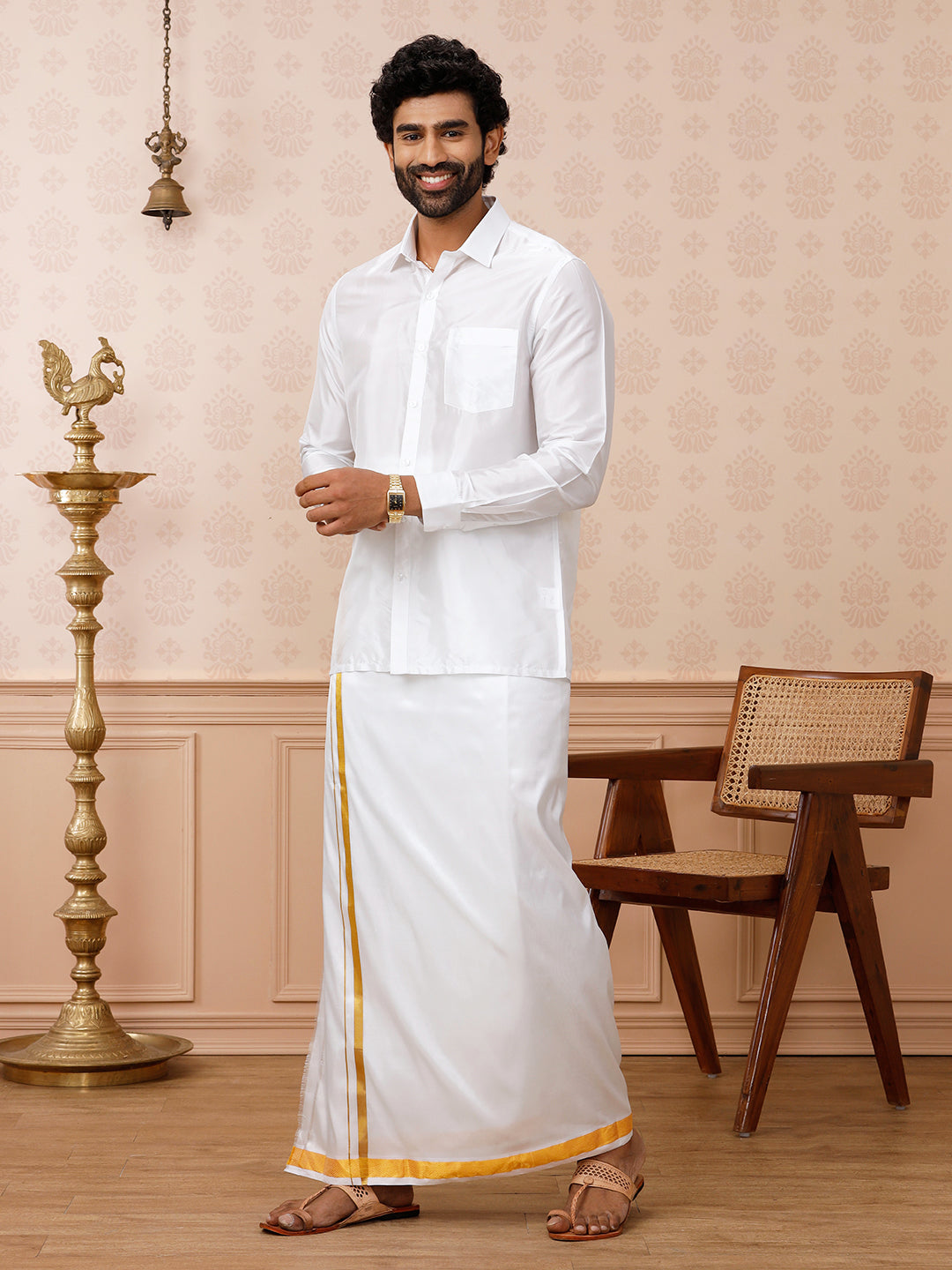 Men Pure Silk White with 1" inch Gold Jari Border Double Layer Dhoti Upasana