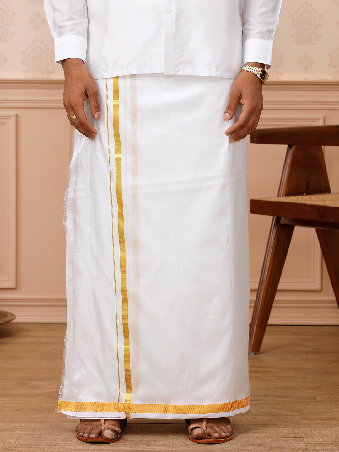 Men Pure Silk White with 3/4" inch Gold Jari Border Double Layer Dhoti with Upasana