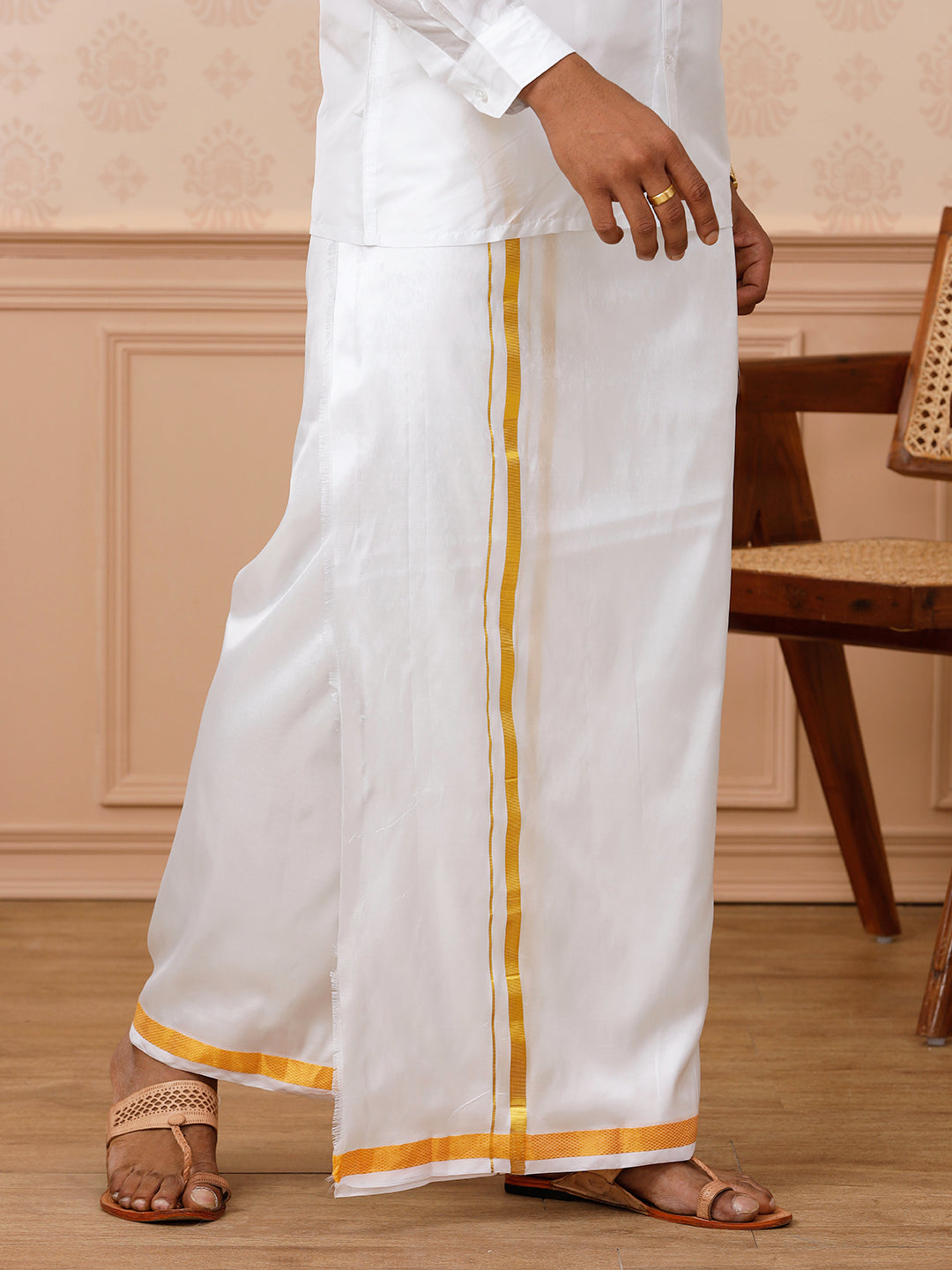 Men Pure Silk White Double Dhoti 1/2" inch Gold Jari Border Upasana