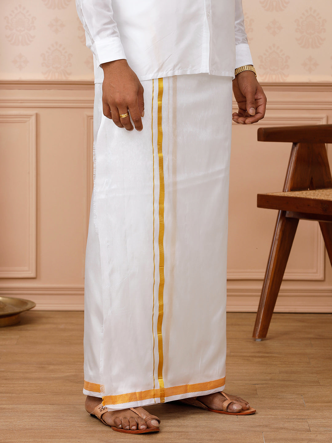 Men Pure Silk White with 3/4" inch Gold Jari Border Double Layer Dhoti with Upasana