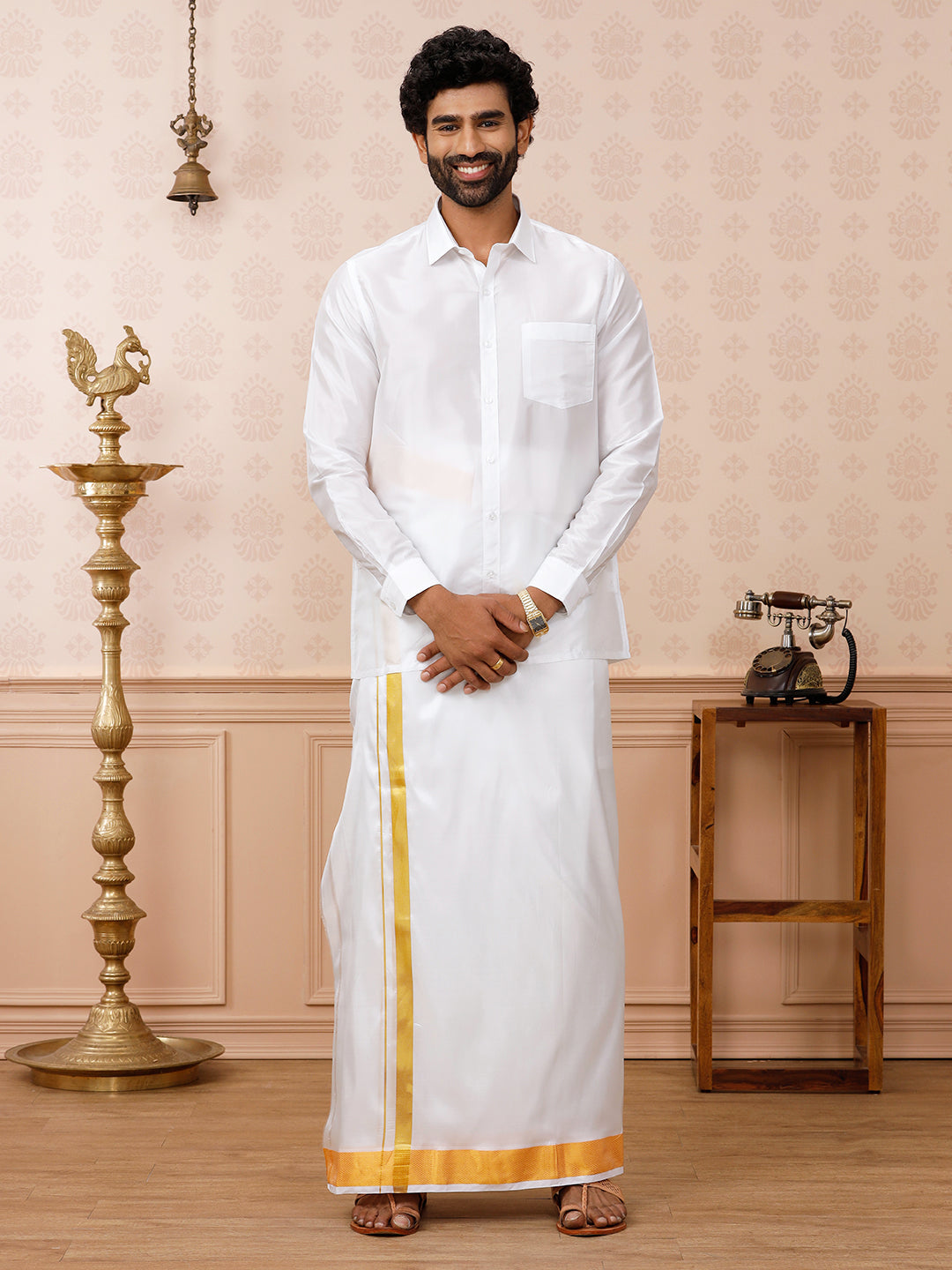 Men Pure Silk White Double Dhoti 2" inch Gold Jari Border Upasana