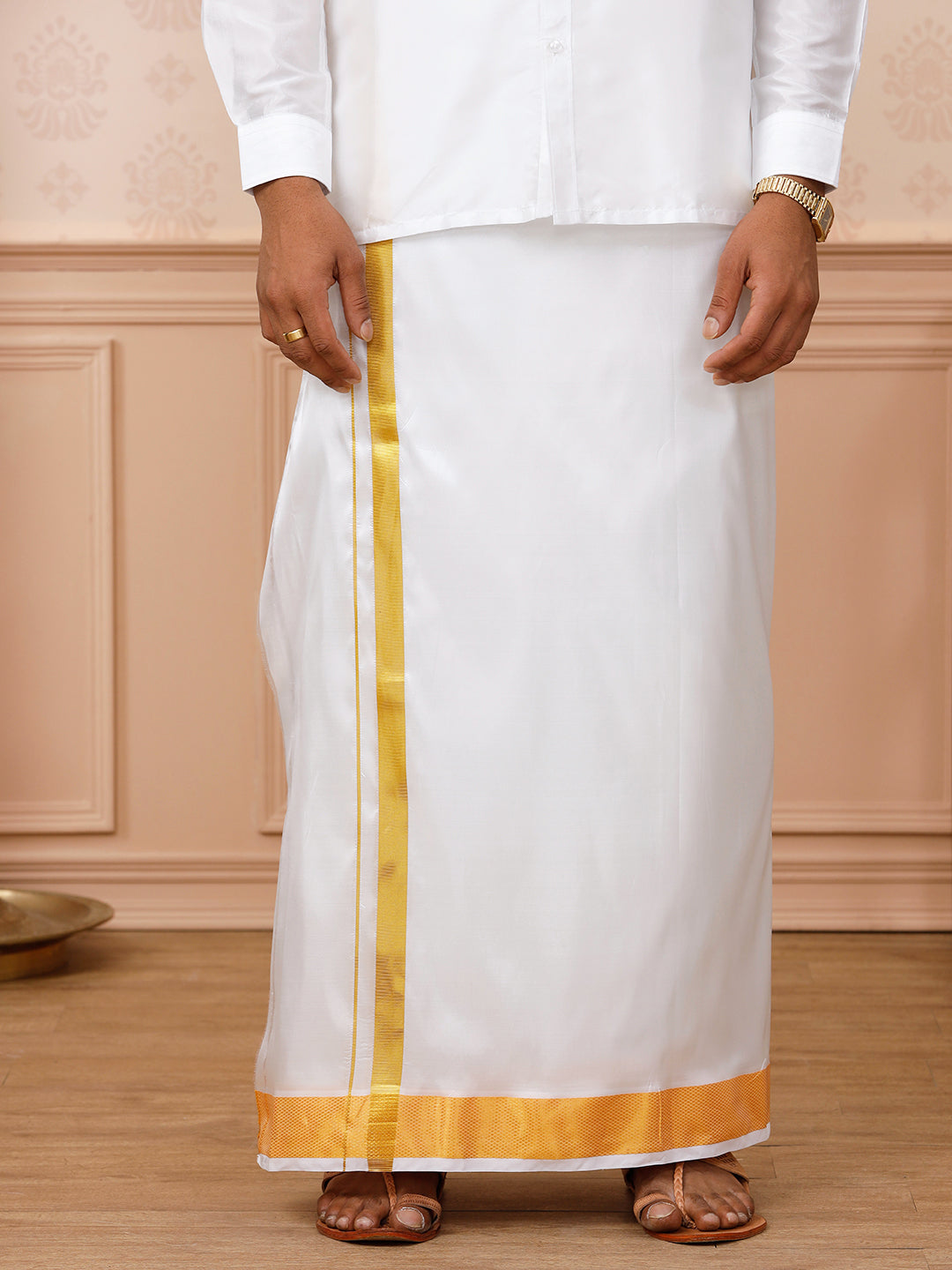 Men Pure Silk White Double Layer Dhoti 2" inch Gold Jari Border Upasana