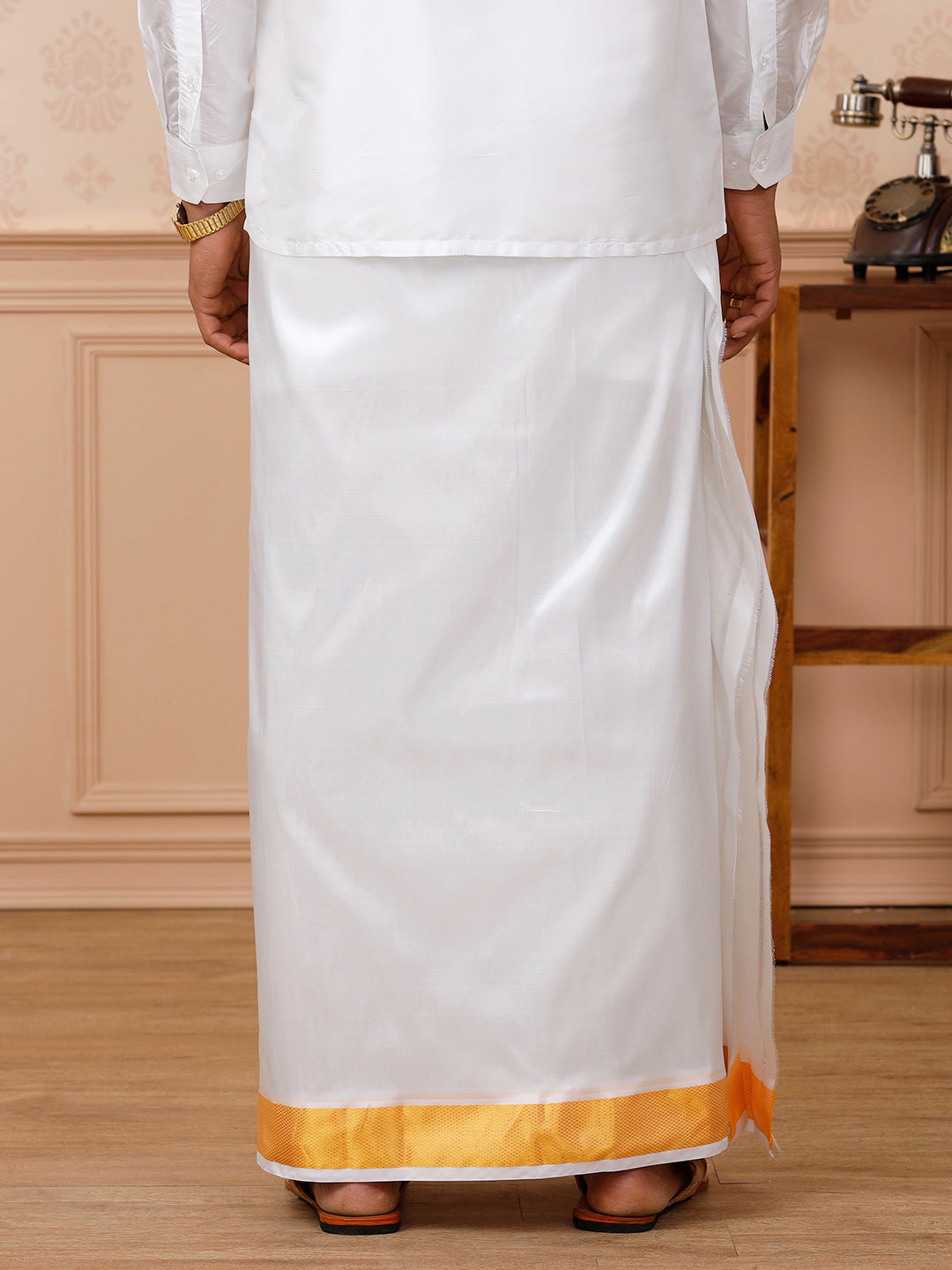 Men Pure Silk White Double Dhoti 2" inch Gold Jari Border Upasana