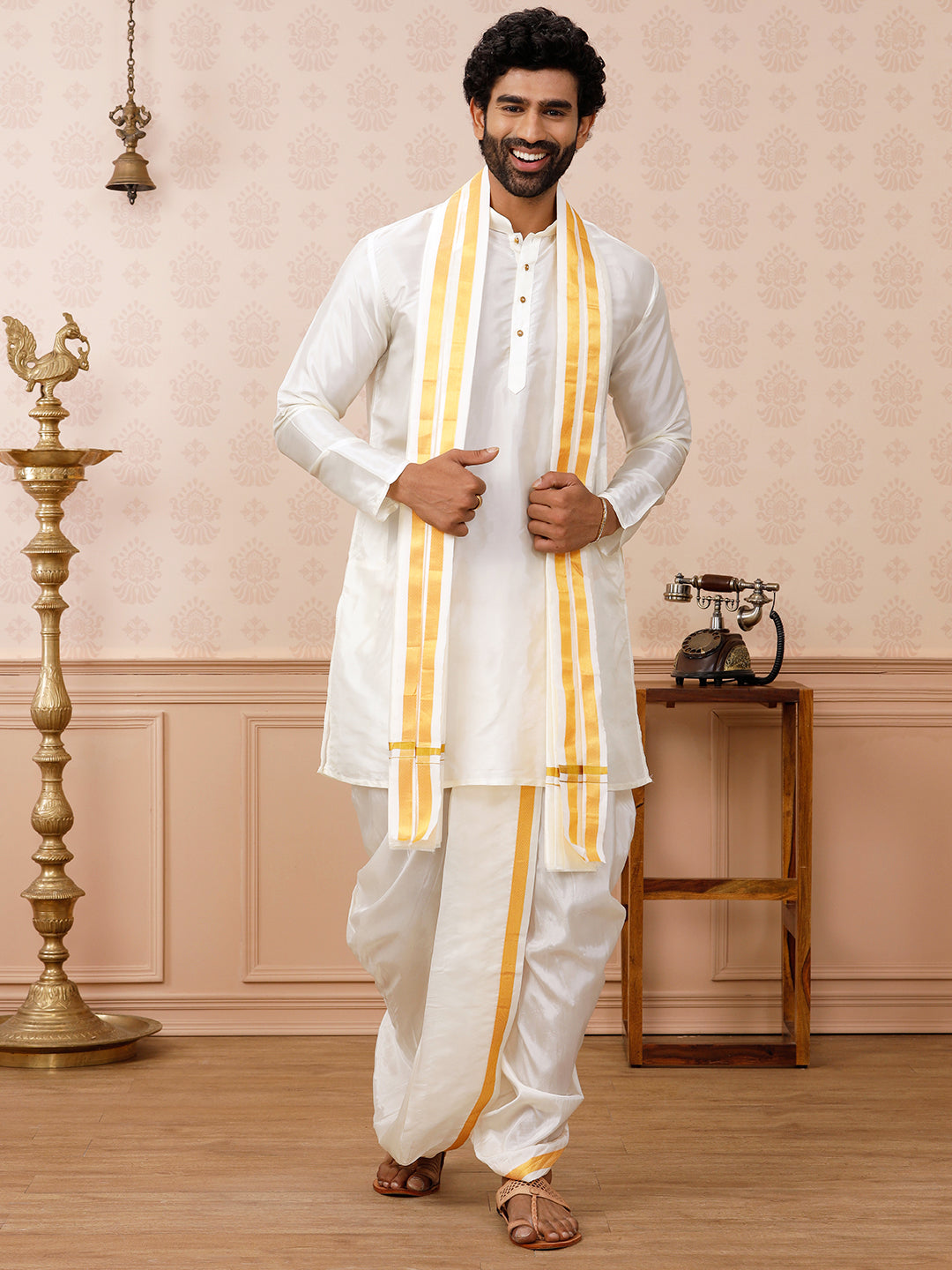 Men Silk Cream with 3/4" Inch Jari Border Panchakacham & Towel Set (9+5) Prasanthi