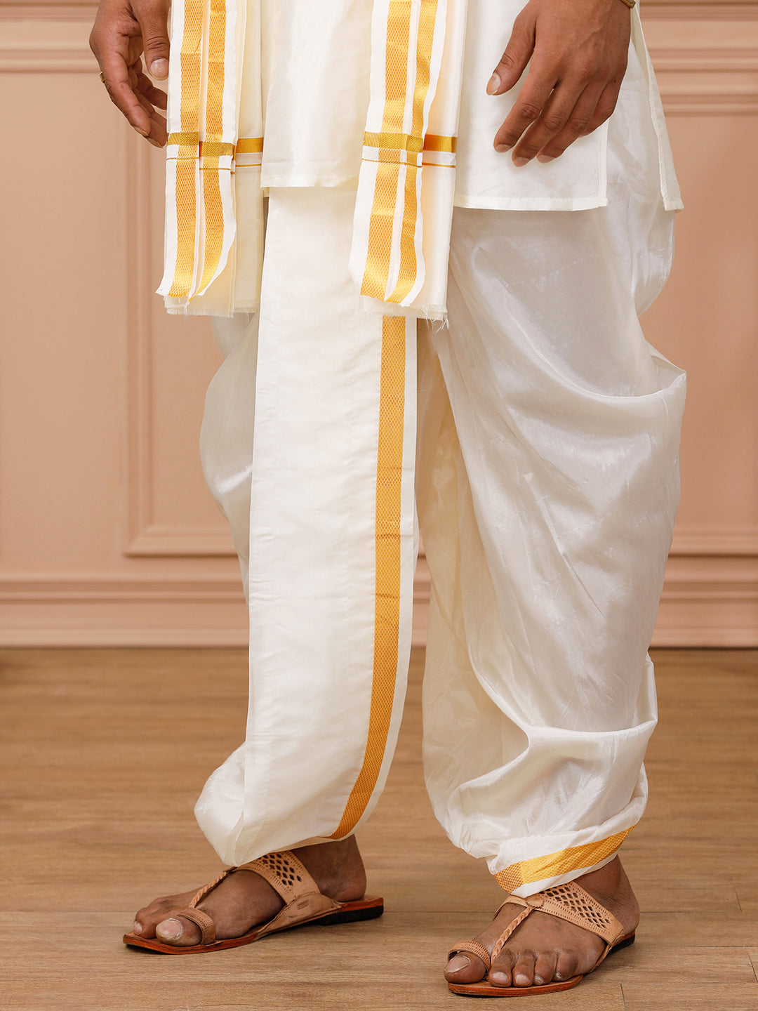 Men Silk Cream with 3/4" Inch Jari Border Panchakacham & Towel Set (9+5) Prasanthi