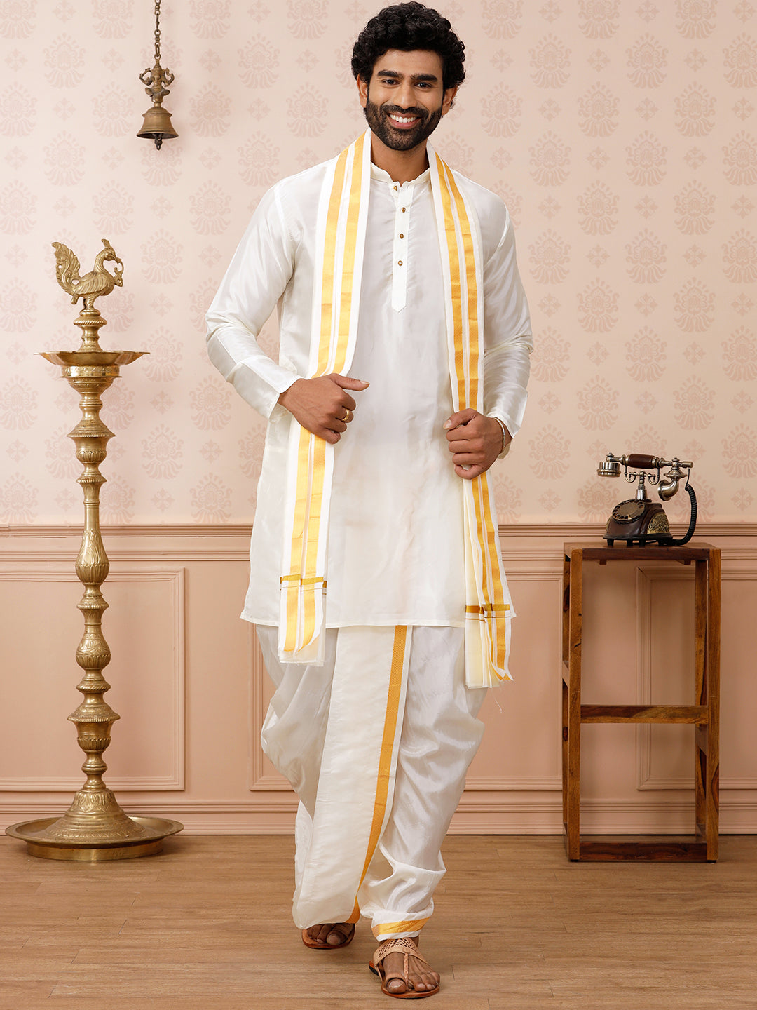 Men Silk Cream with 3/4" Inch Jari Border Panchakacham & Towel Set (9+5) Prasanthi