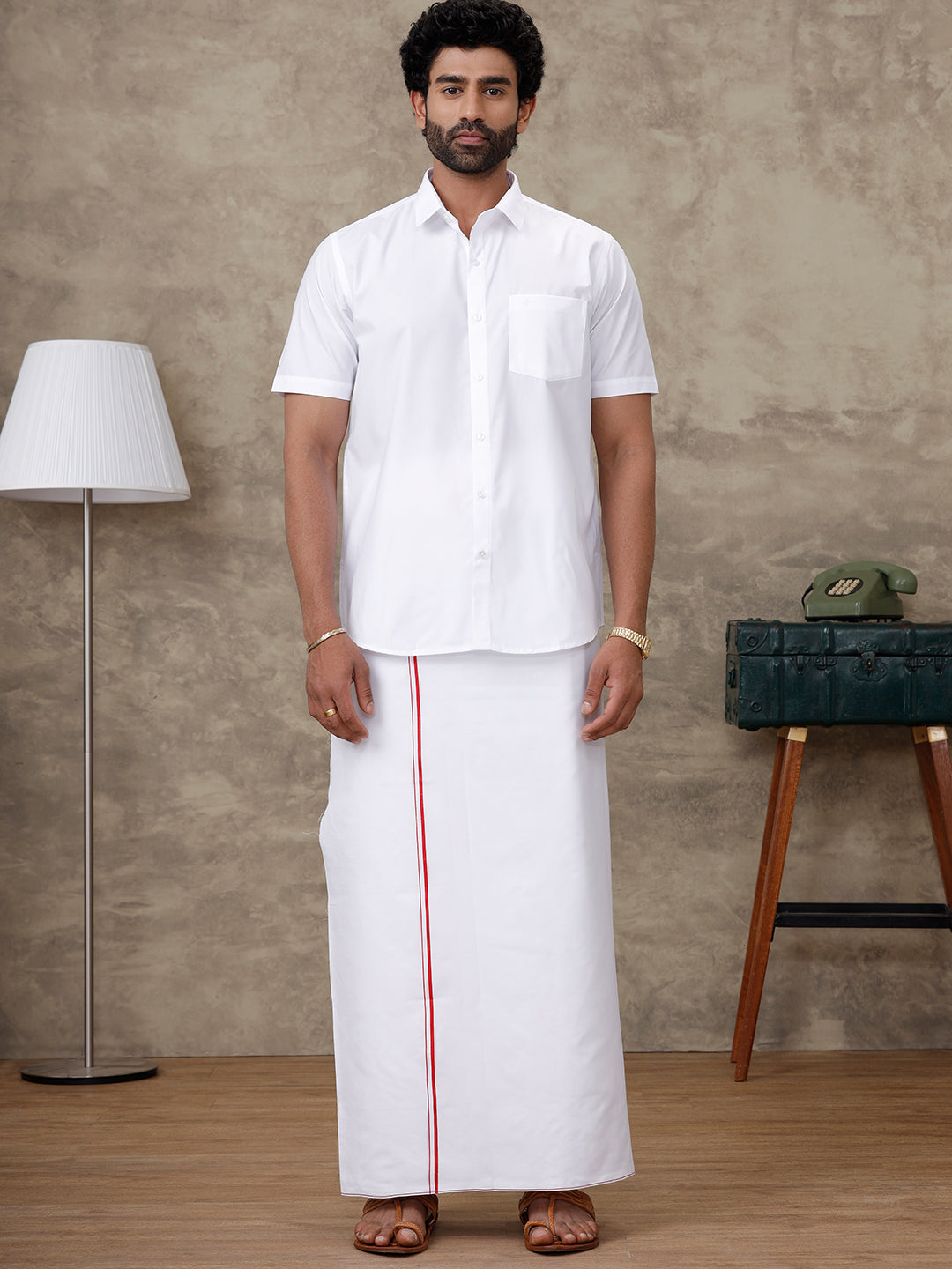 Men Rubio White Shirt with Small Border Dhoti Combo