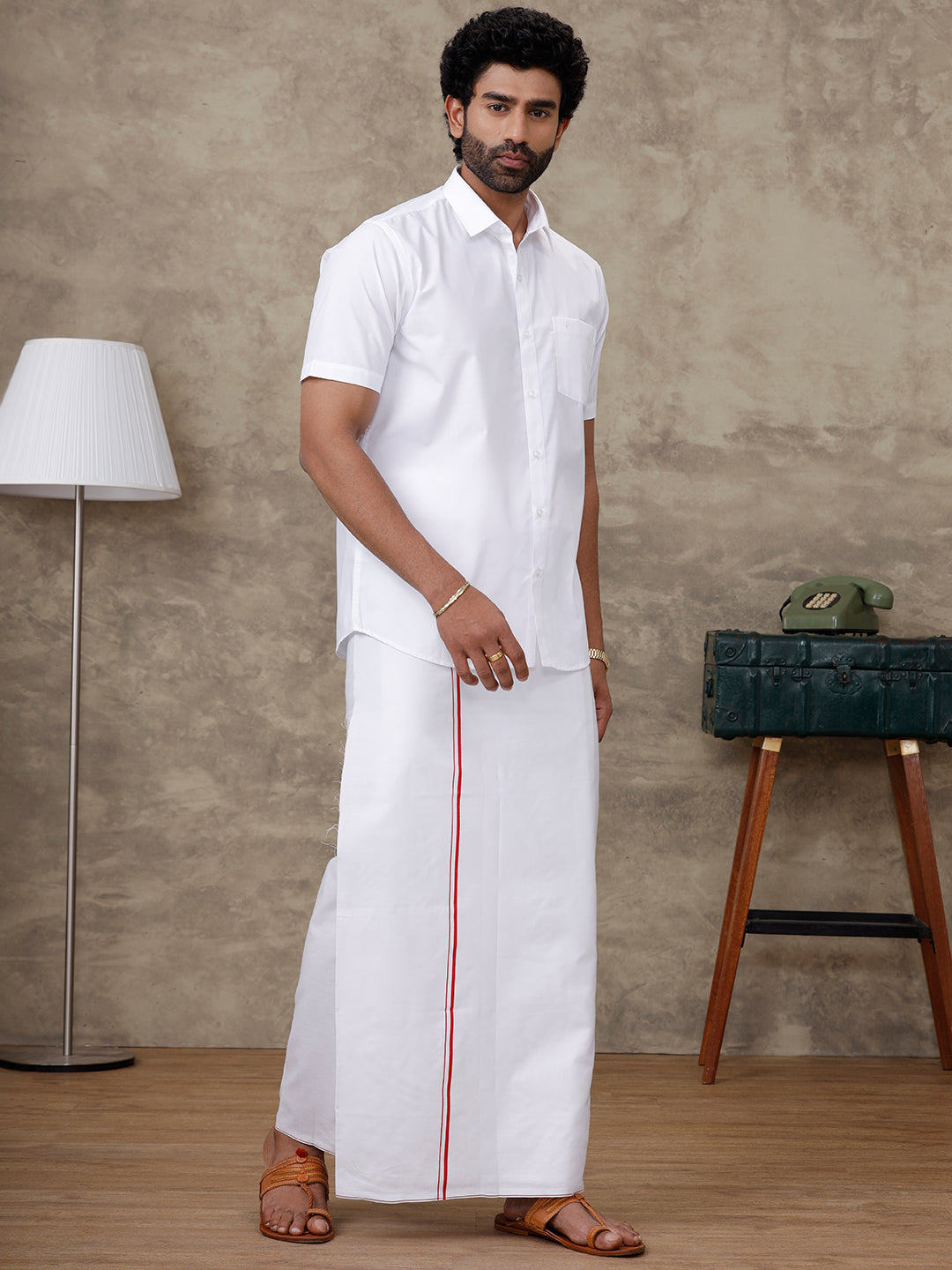 Men Labon White Shirt with Small Border Dhoti Combo