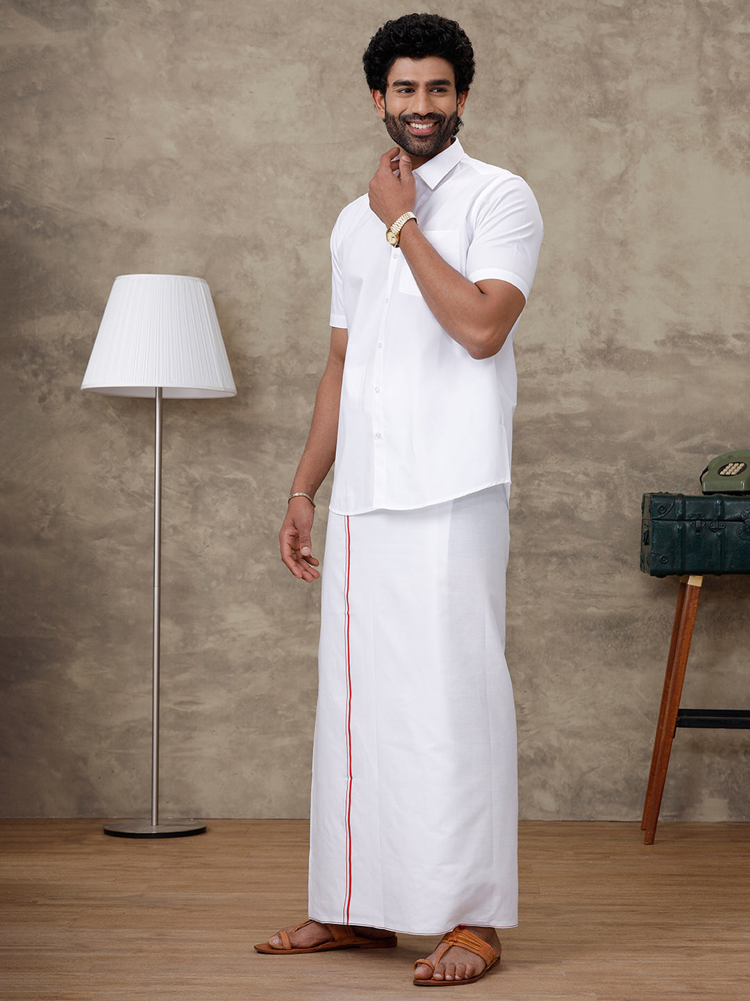 Men Labon White Shirt with Small Border Dhoti Combo