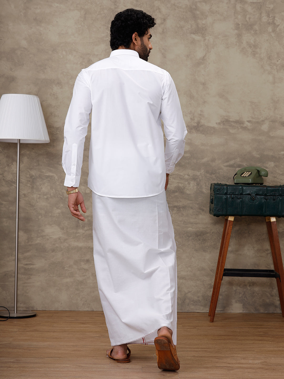 Men Labon White Shirt with Small Border Dhoti Combo