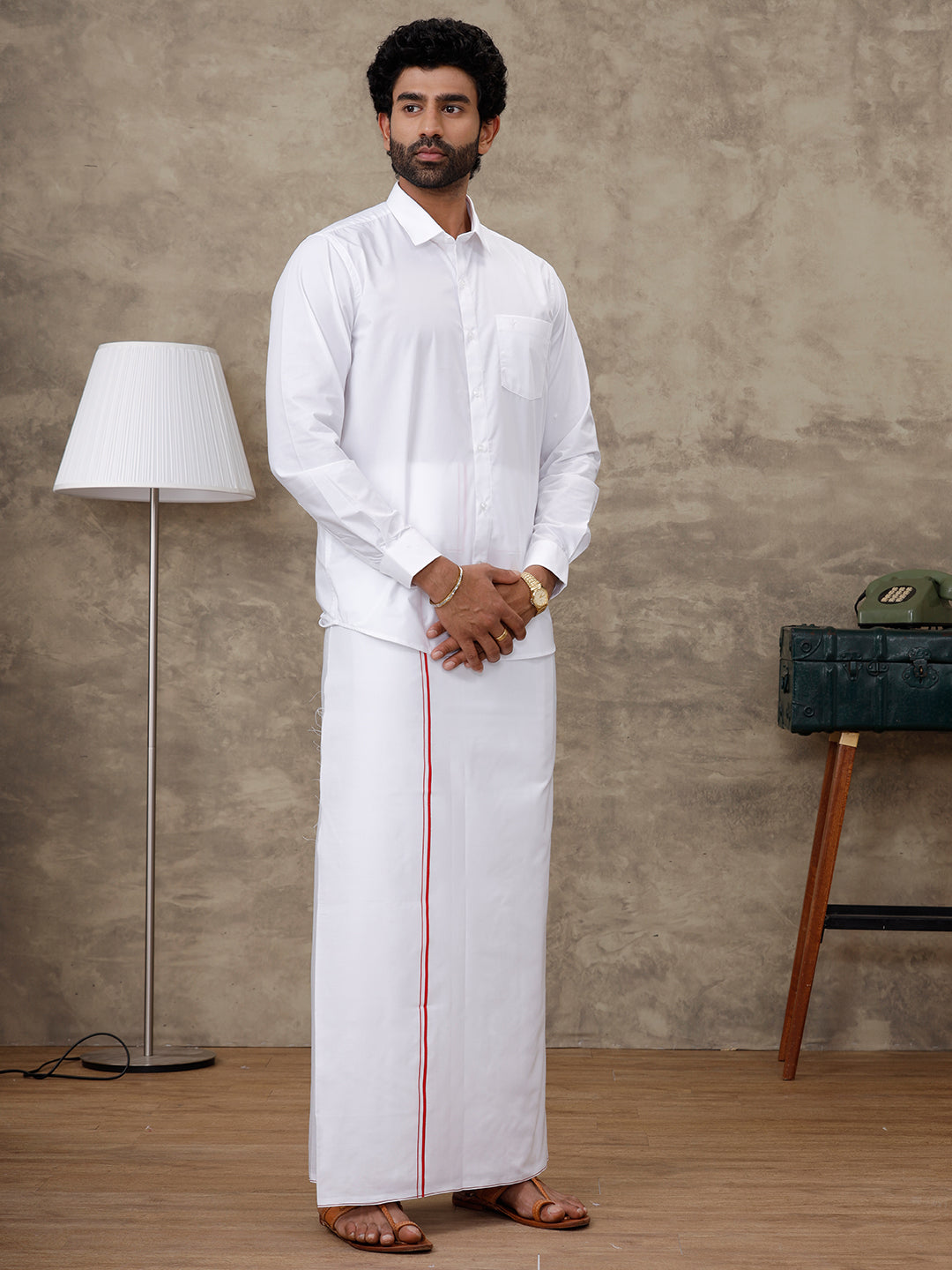 Men Labon White Shirt with Small Border Dhoti Combo