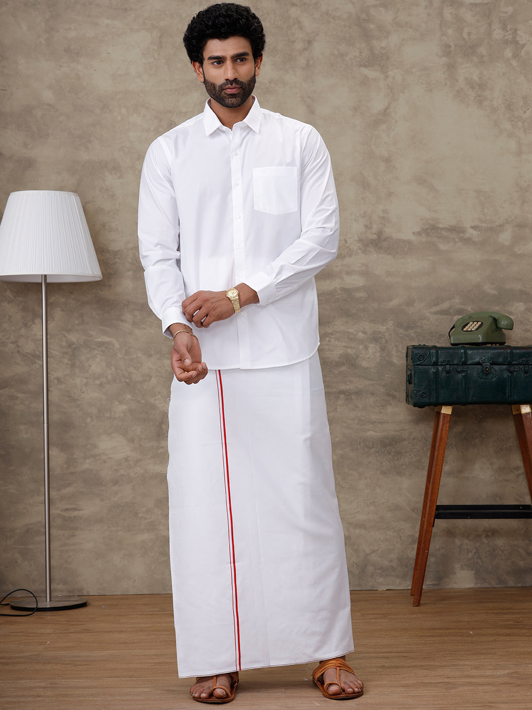 Men Labon White Shirt with Small Border Dhoti Combo