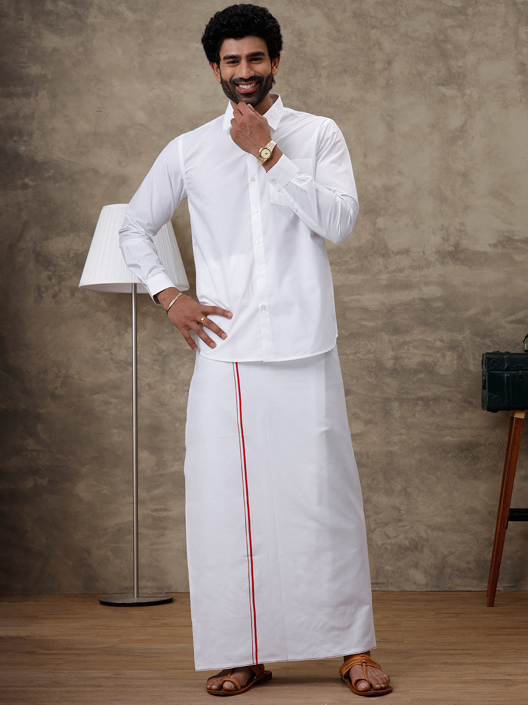 Men Rubio White Shirt with Small Border Dhoti Combo